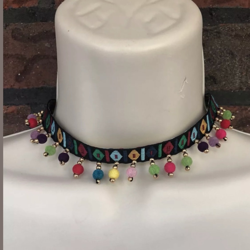 Pom Pom Choker Black Boho Necklace Pompom Ball